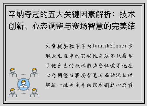 辛纳夺冠的五大关键因素解析：技术创新、心态调整与赛场智慧的完美结合