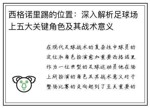 西格诺里踢的位置:深入解析足球场上五大关键角色及其战术意义 西格诺里踢的位置:深入解析足球场上五大关键角色及其战术意义
