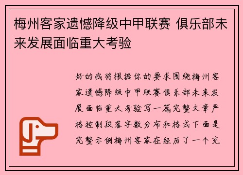 梅州客家遗憾降级中甲联赛 俱乐部未来发展面临重大考验